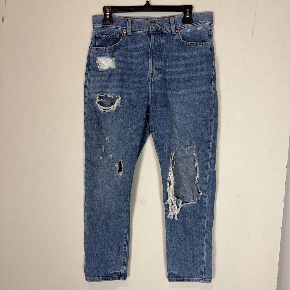 Forever 21 Jeans Womens 29 Blue Distressed High Rise Mom 100% Button Closure